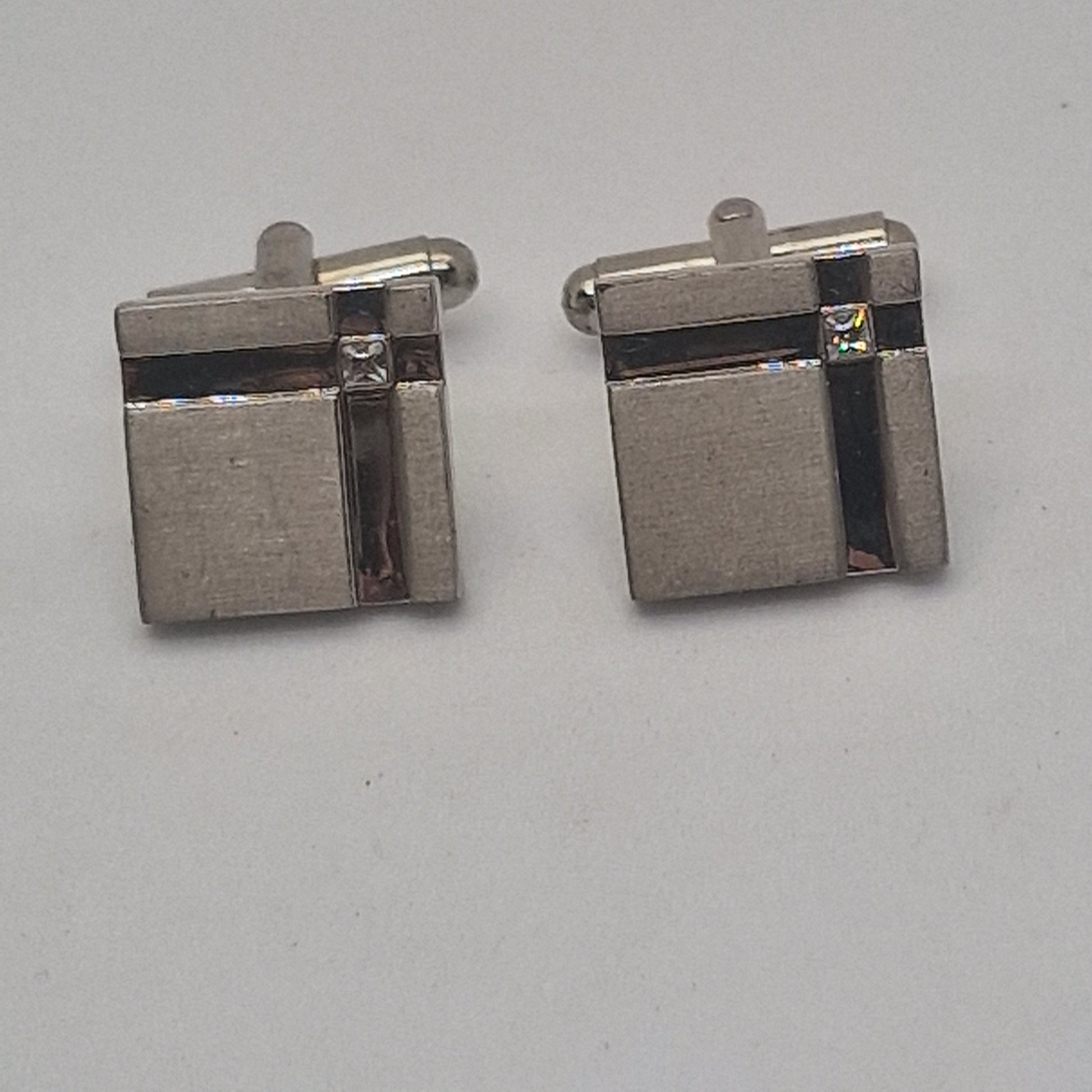 Vintage 1980s Silver-Tone Square Cufflinks Black Enamel Geometric Rhinestone Pin