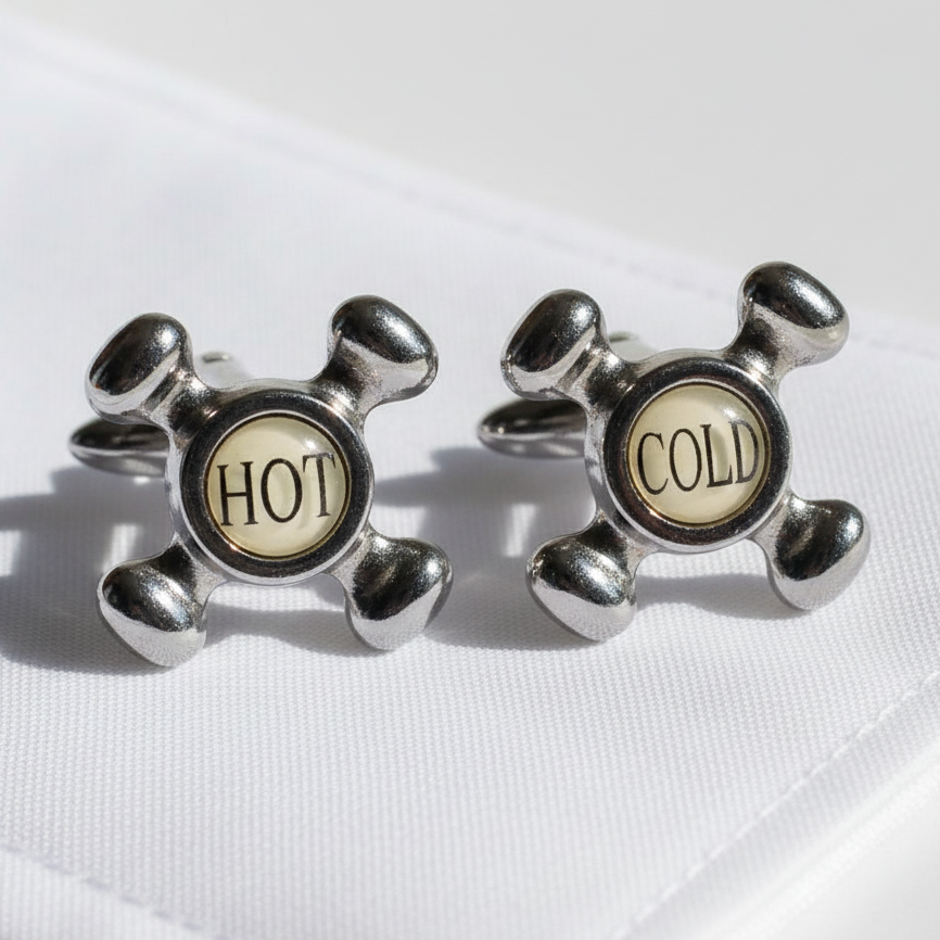 Vintage 1970s Silver-Tone Hot And Cold Tap Handle Cufflinks Enamel Figural Men