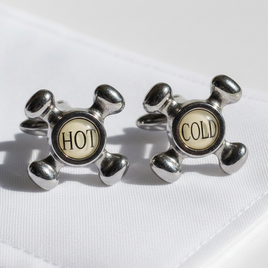 Vintage 1970s Silver-Tone Hot And Cold Tap Handle Cufflinks Enamel Figural Men