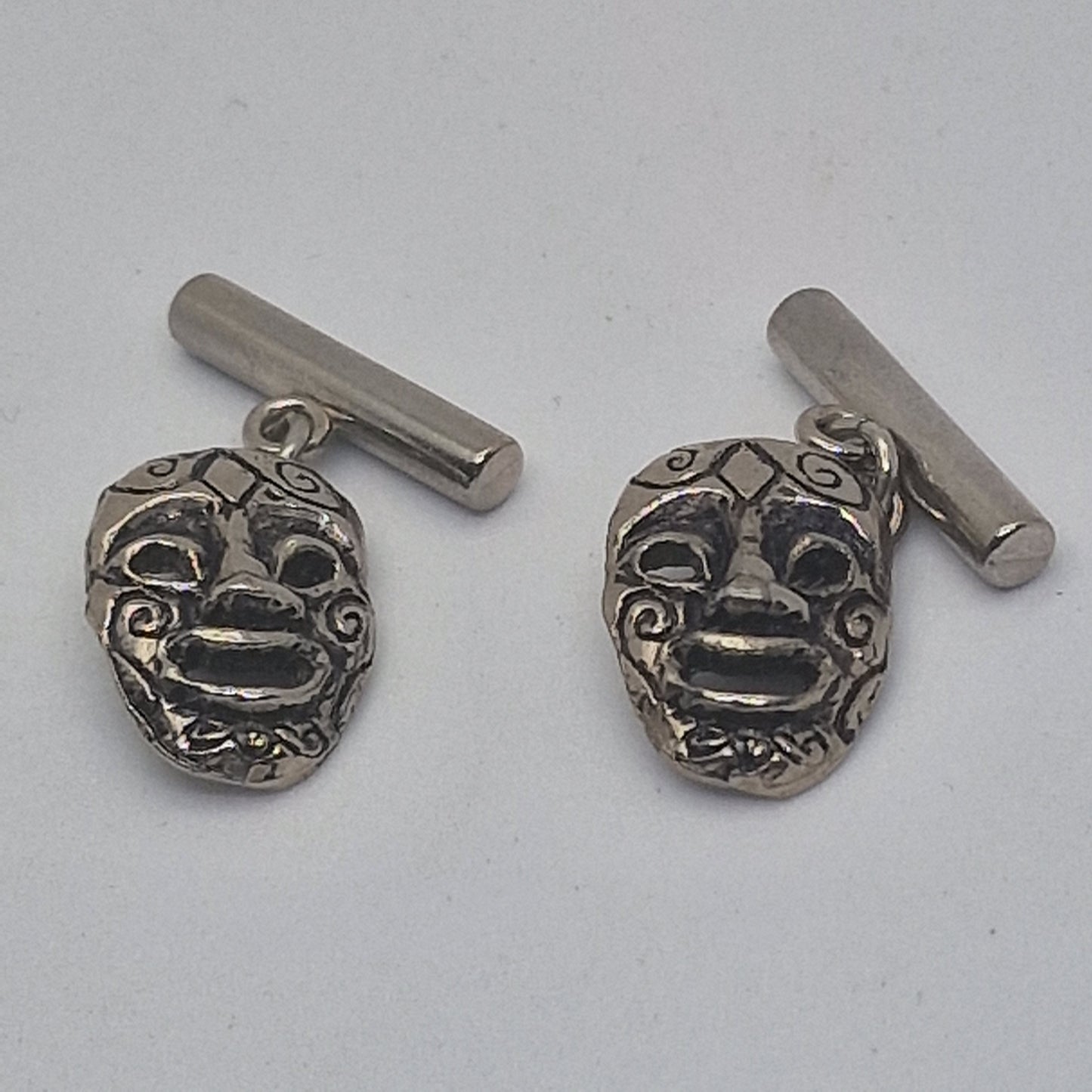 Vintage 1970s Silver-Tone Mask Face Cufflinks Figural Theatrical Toggle-Back Men