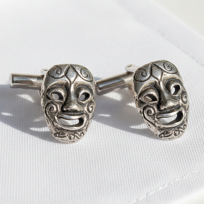 Vintage 1970s Silver-Tone Mask Face Cufflinks Figural Theatrical Toggle-Back Men