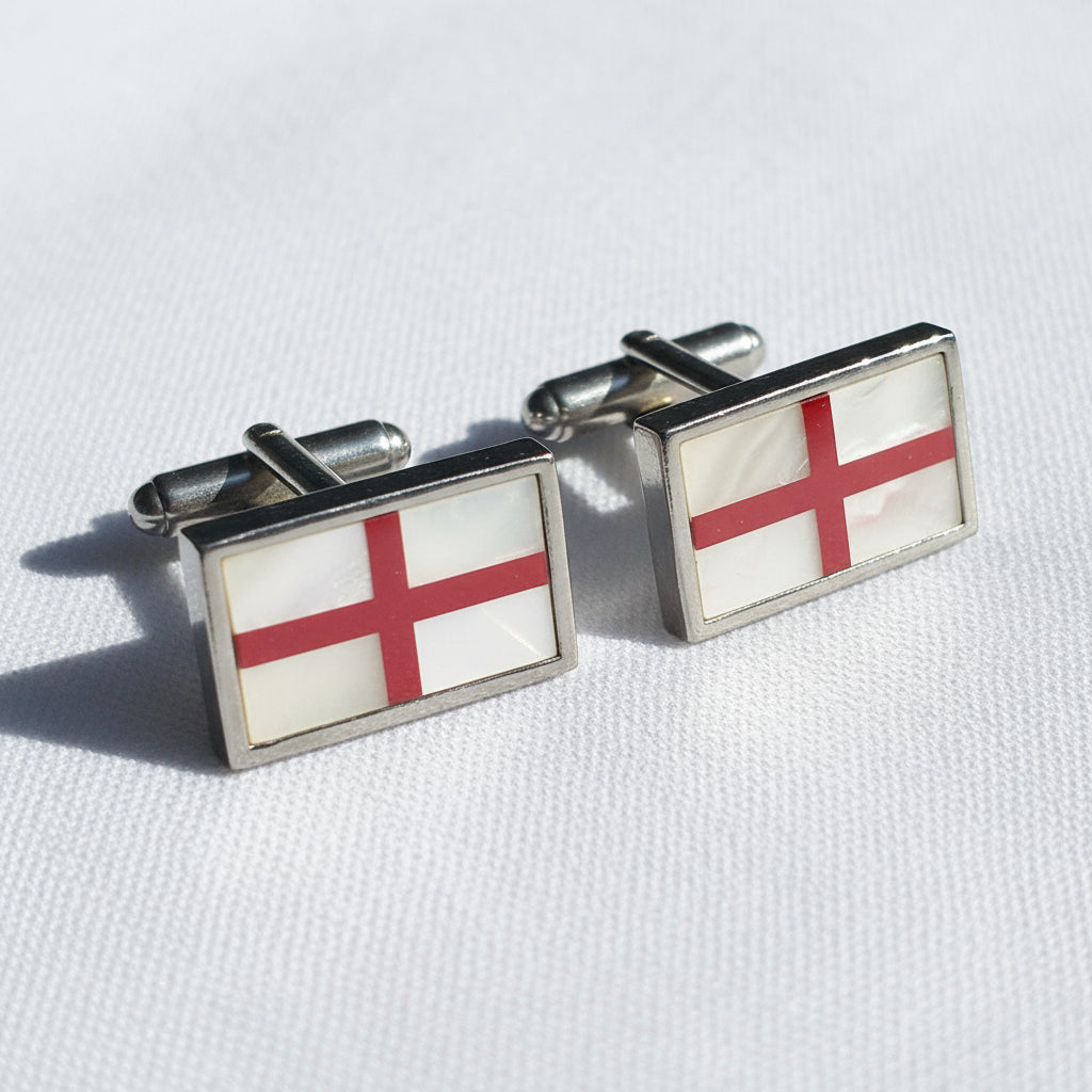Vintage 1980s Silver-Tone St George Cross Enamel Cufflinks England Novelty Mens