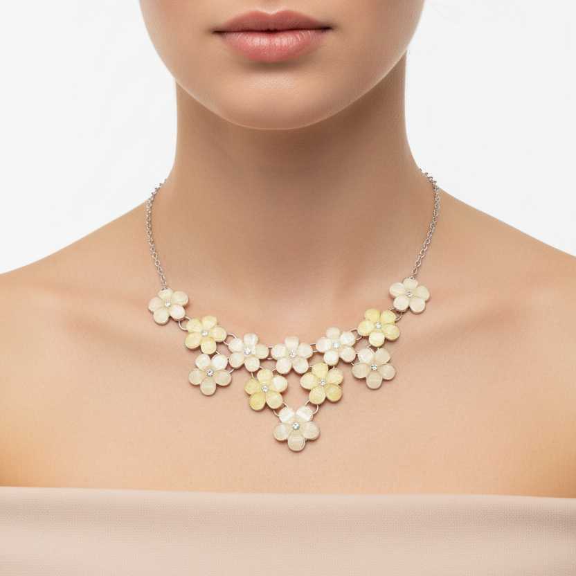 Vintage 1970s Silver-Tone Ivory Plastic Floral Cascading Bib Necklace Rhinestone