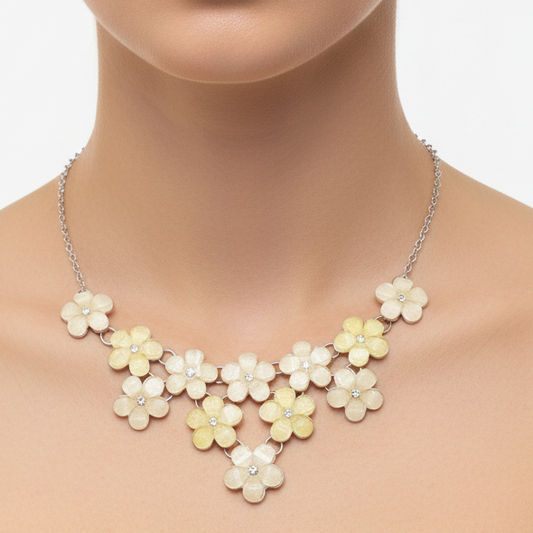Vintage 1970s Silver-Tone Ivory Plastic Floral Cascading Bib Necklace Rhinestone
