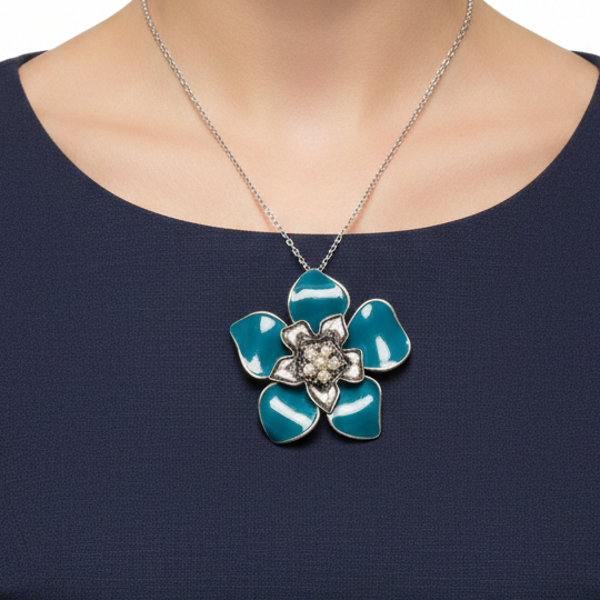 Vintage 1970s Silver-Tone Enamel Flower Pendant Teal Petals Faux Pearl Cluster