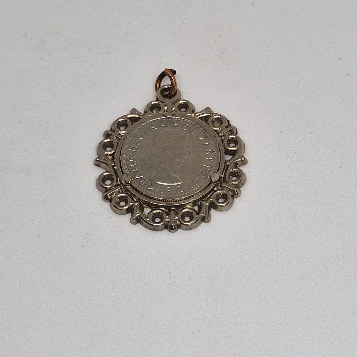Vintage 1960s Silver-Tone Sixpence Coin Pendant Filigree Frame Lucky Charm Gift