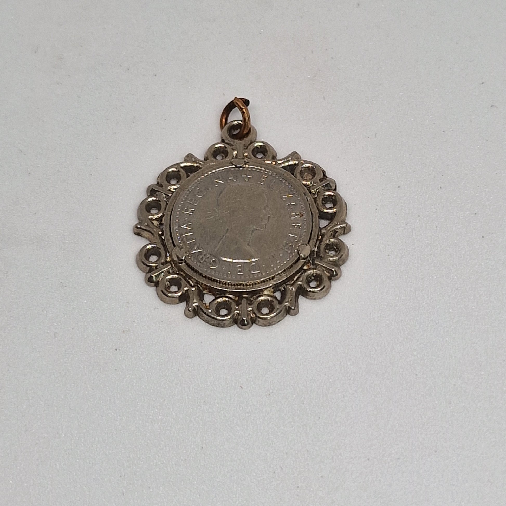 Vintage 1960s Silver-Tone Sixpence Coin Pendant Filigree Frame Lucky Charm Gift