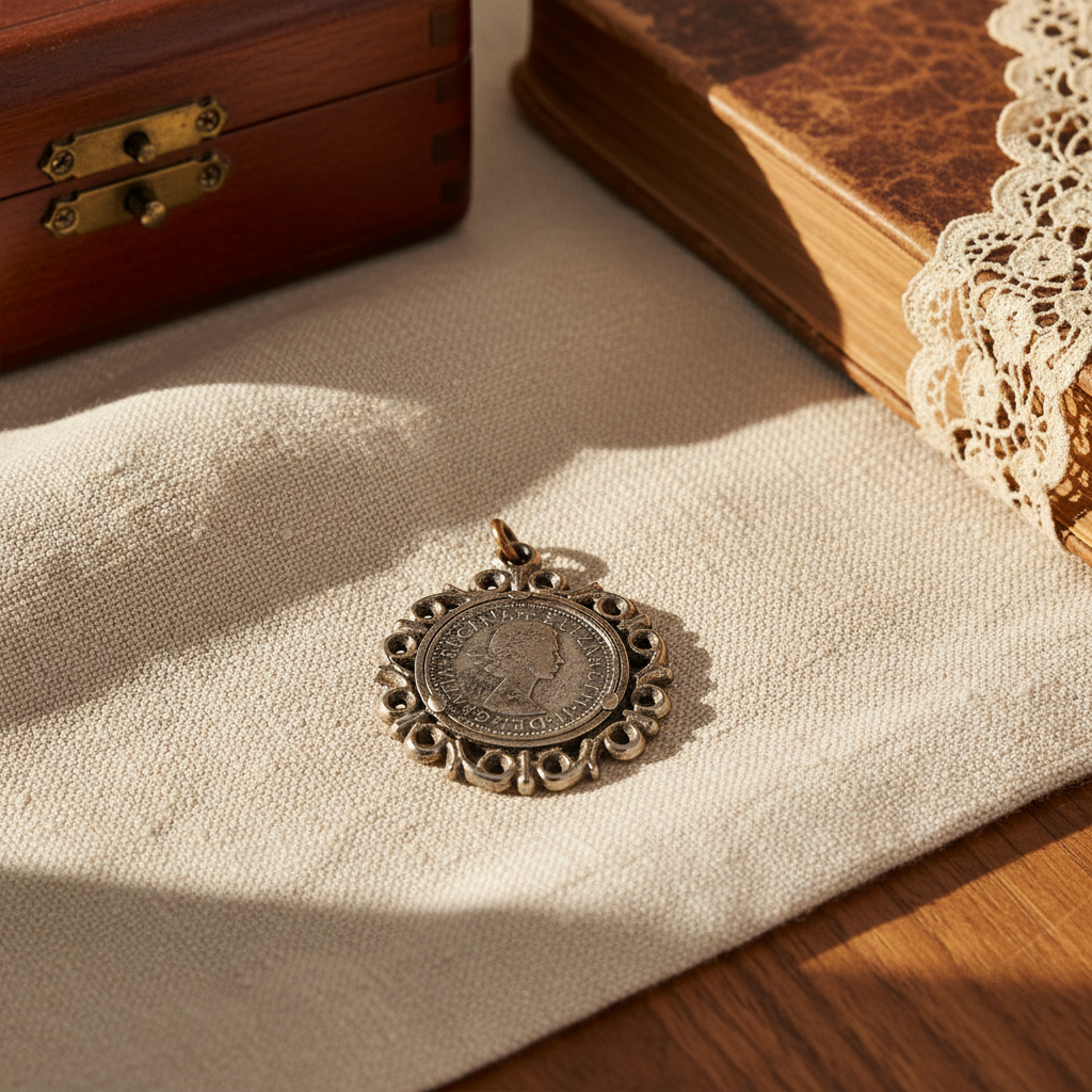 Vintage 1960s Silver-Tone Sixpence Coin Pendant Filigree Frame Lucky Charm Gift