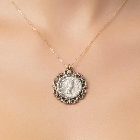 Vintage 1960s Silver-Tone Sixpence Coin Pendant Filigree Frame Lucky Charm Gift