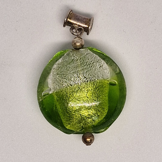 Vintage 1970s Green Silver Foil Art Glass Pendant Murano Style Lentil Disc Bead