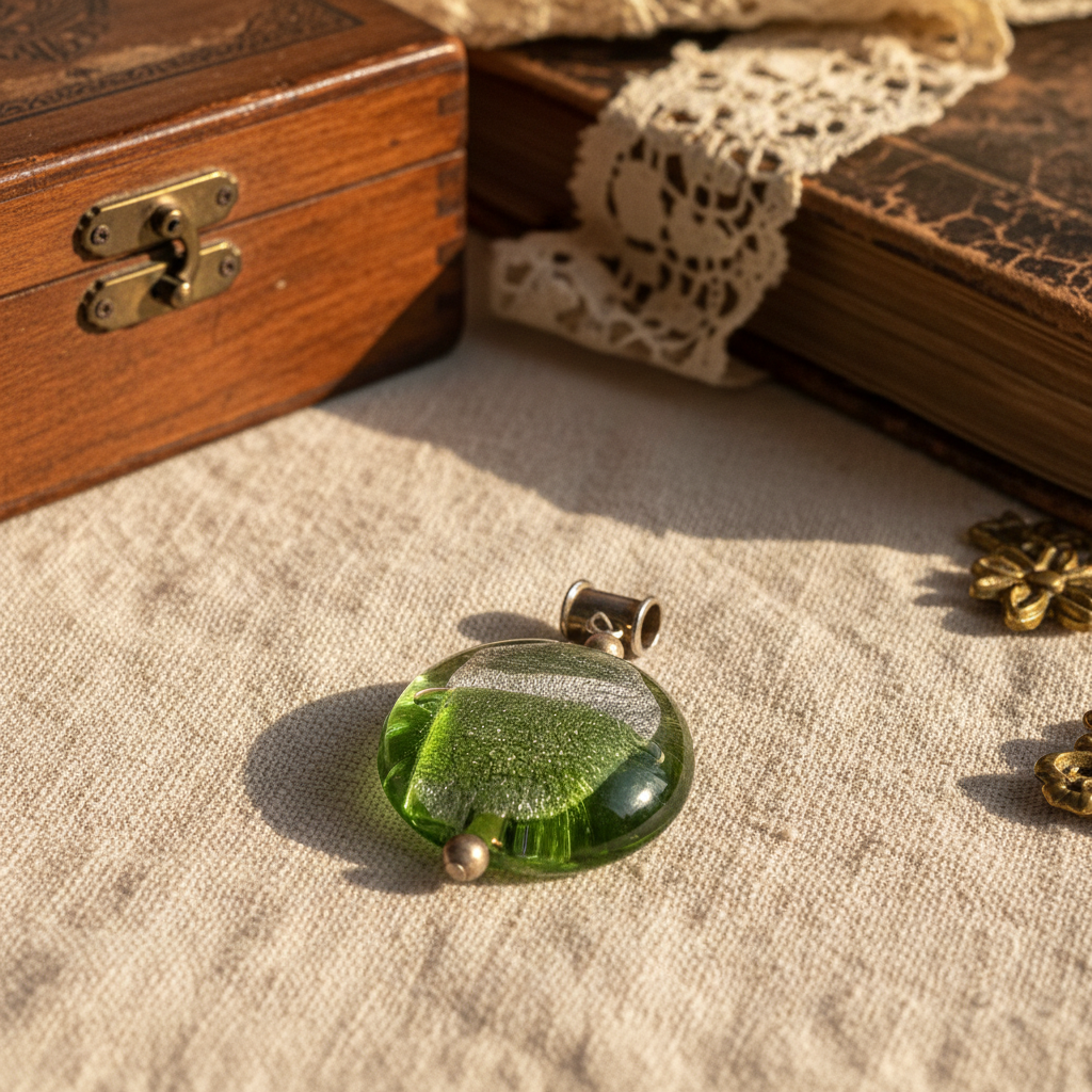 Vintage 1970s Green Silver Foil Art Glass Pendant Murano Style Lentil Disc Bead