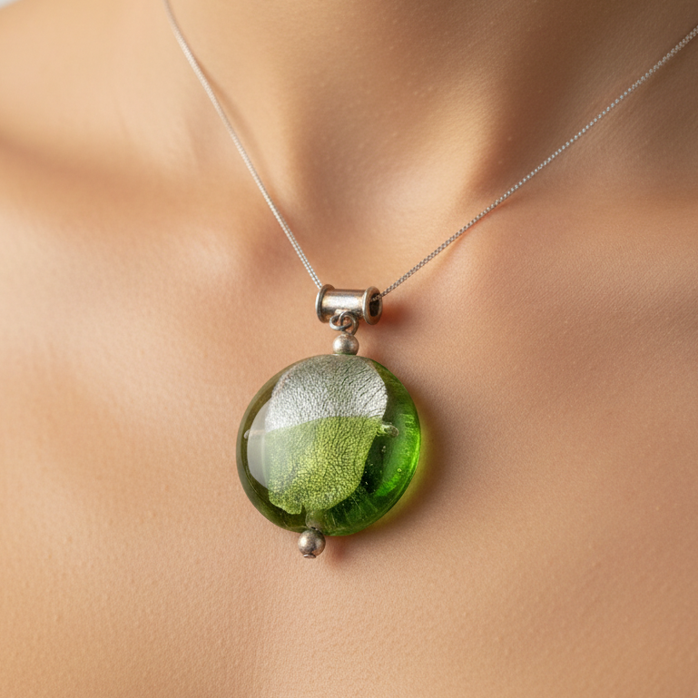 Vintage 1970s Green Silver Foil Art Glass Pendant Murano Style Lentil Disc Bead