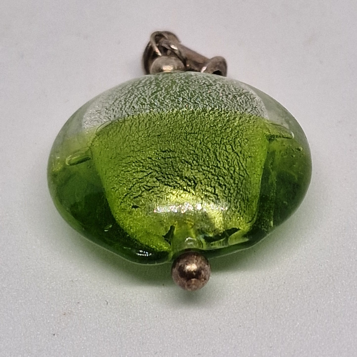 Vintage 1970s Green Silver Foil Art Glass Pendant Murano Style Lentil Disc Bead – photo 3