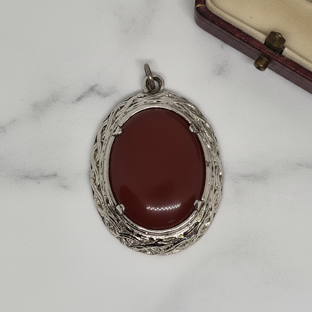 Vintage Jacobite 1970s Pendant Silver-Tone Carnelian Oval Scottish Scroll Signed
