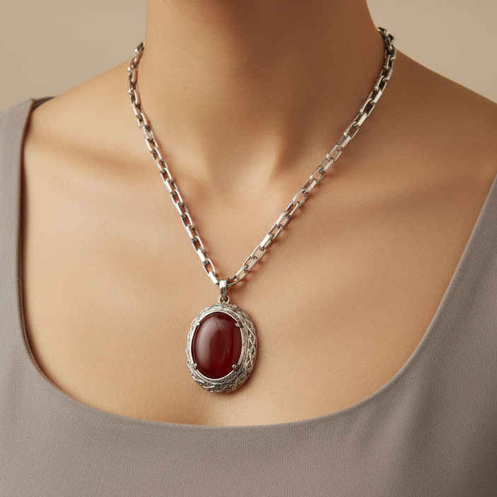 Vintage Jacobite 1970s Pendant Silver-Tone Carnelian Oval Scottish Scroll Signed