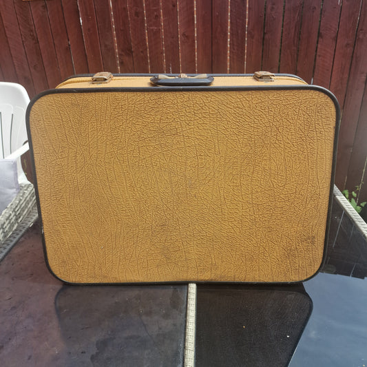 Vintage 1970s Soviet Mustard Tan Vinyl Faux Leather Hard Sided Suitcase Luggage