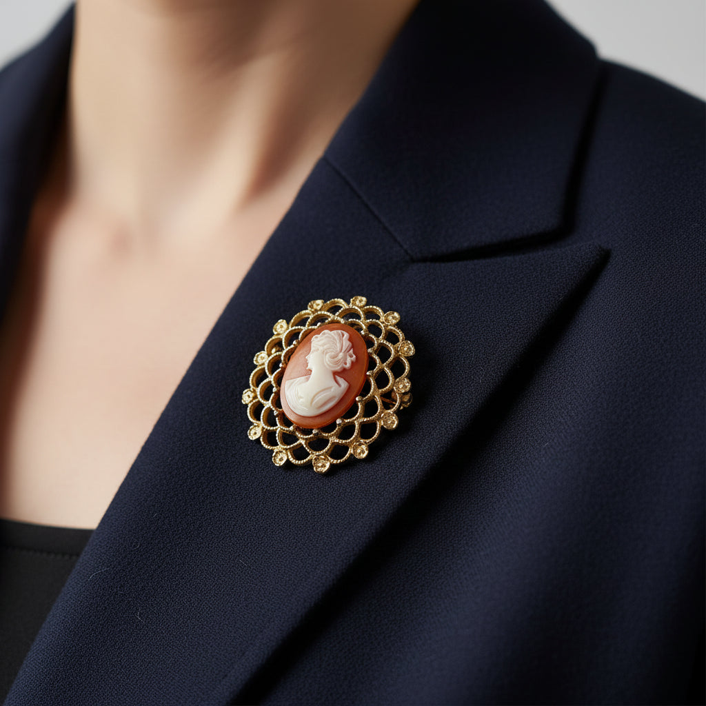 Vintage Sarah Coventry 1960s Gold-Tone Oval Cameo Brooch Signed Costume Figural