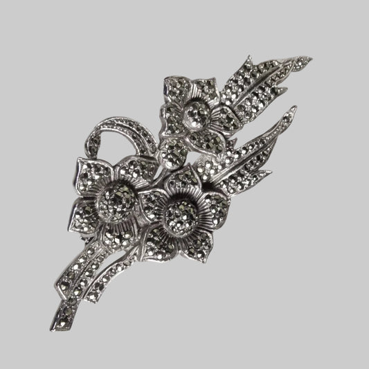 Vintage 1950s Silver-Tone Floral Bouquet Brooch Marcasite Botanical Spray Pin