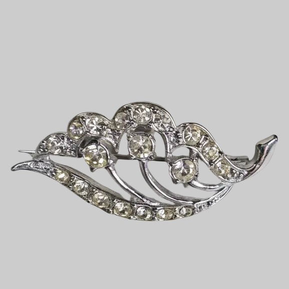 Vintage Silver-Tone Leaf Brooch Rhinestone Floral Botanical Pin Mid Century Silv