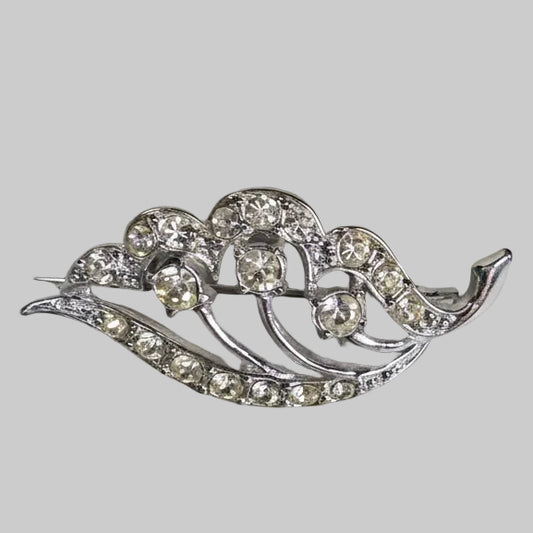 Vintage Silver-Tone Leaf Brooch Rhinestone Floral Botanical Pin Mid Century Silv