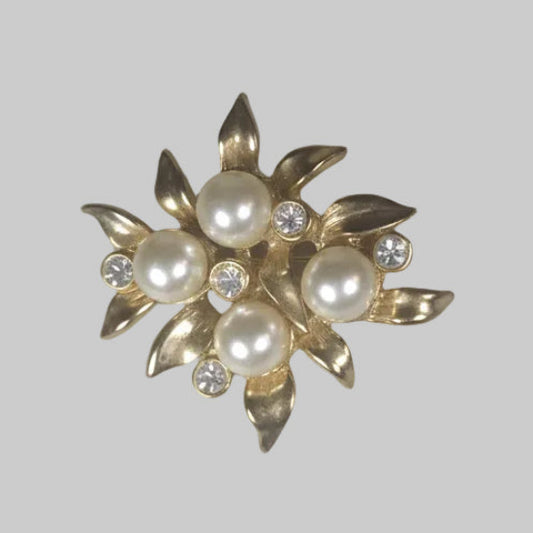 Vintage 1960s Gold-Tone Faux Pearl Cluster Brooch Rhinestone Leaf Floral Chic
