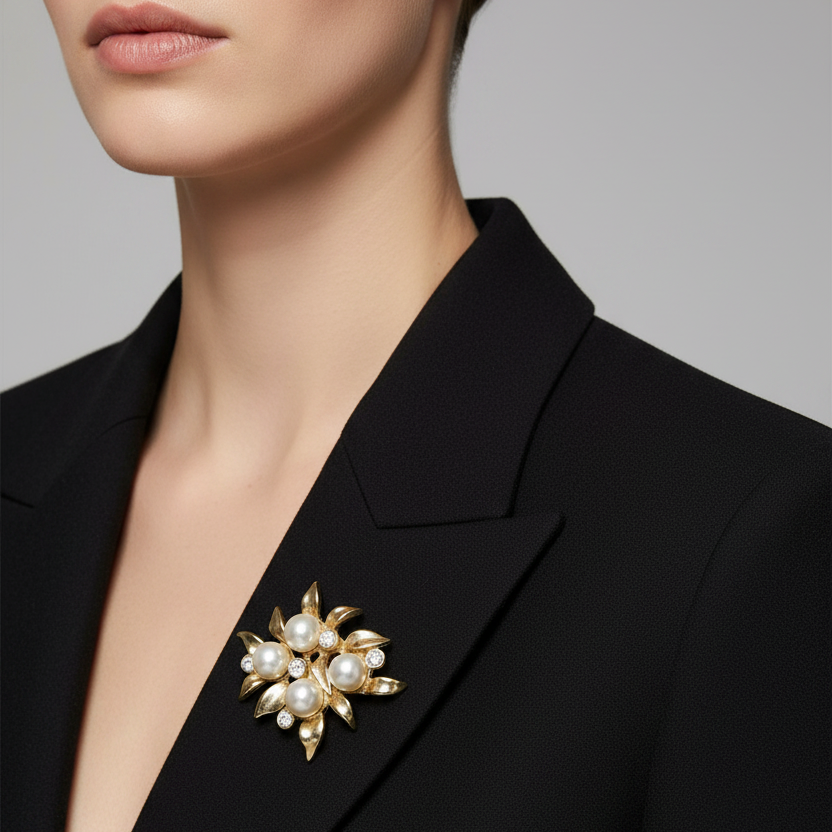 Vintage 1960s Gold-Tone Faux Pearl Cluster Brooch Rhinestone Leaf Floral Chic