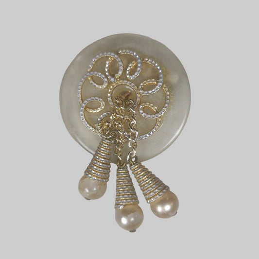 Vintage White Plastic Disc Brooch Gold-Tone Filigree Faux Pearl Dangle Lapel Pin
