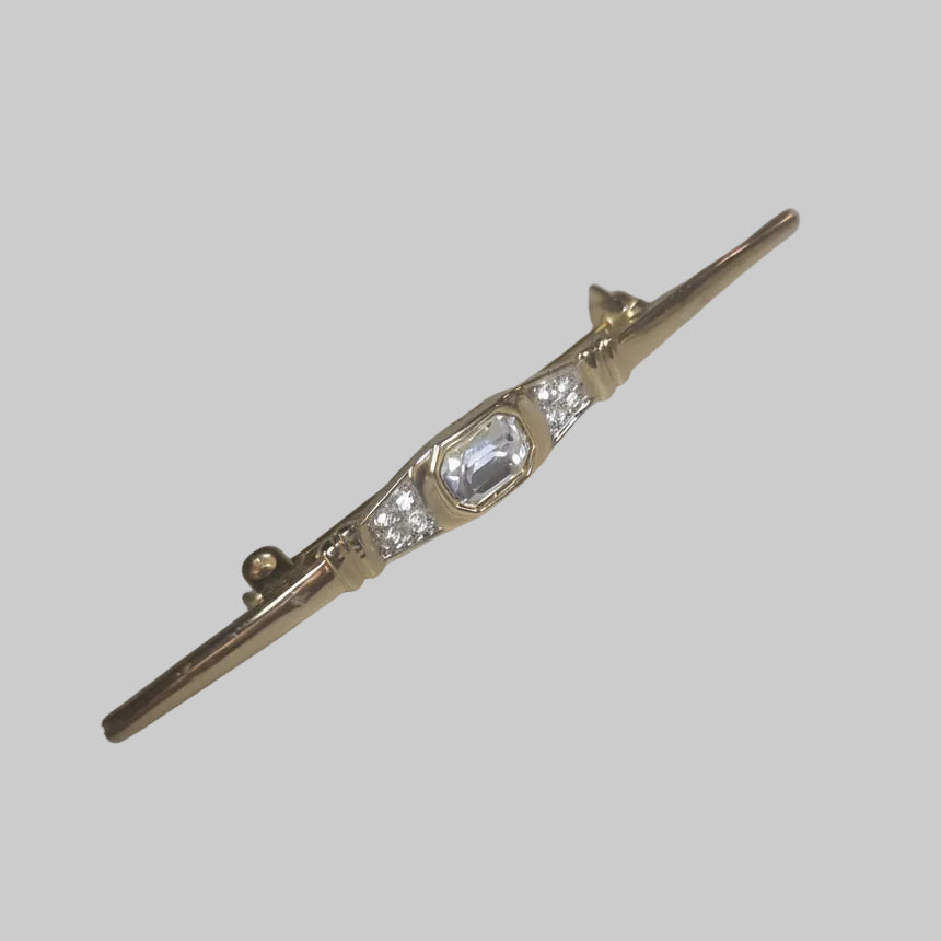 Vintage Gold-Tone Long Brooch Geometric Rhinestone Bar Pin Mid Century Gold Tone