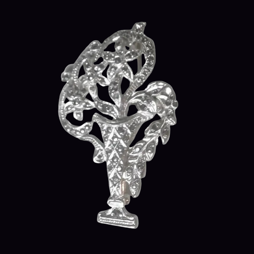 Vintage 1970s Silver-Tone Marcasite Floral Brooch Filigree Openwork Costume Pin