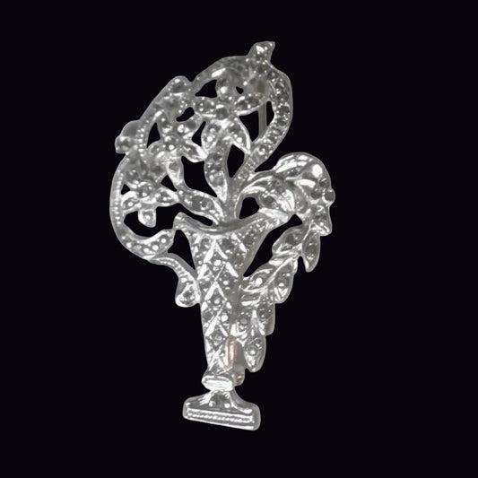 Vintage 1970s Silver-Tone Marcasite Floral Brooch Filigree Openwork Costume Pin