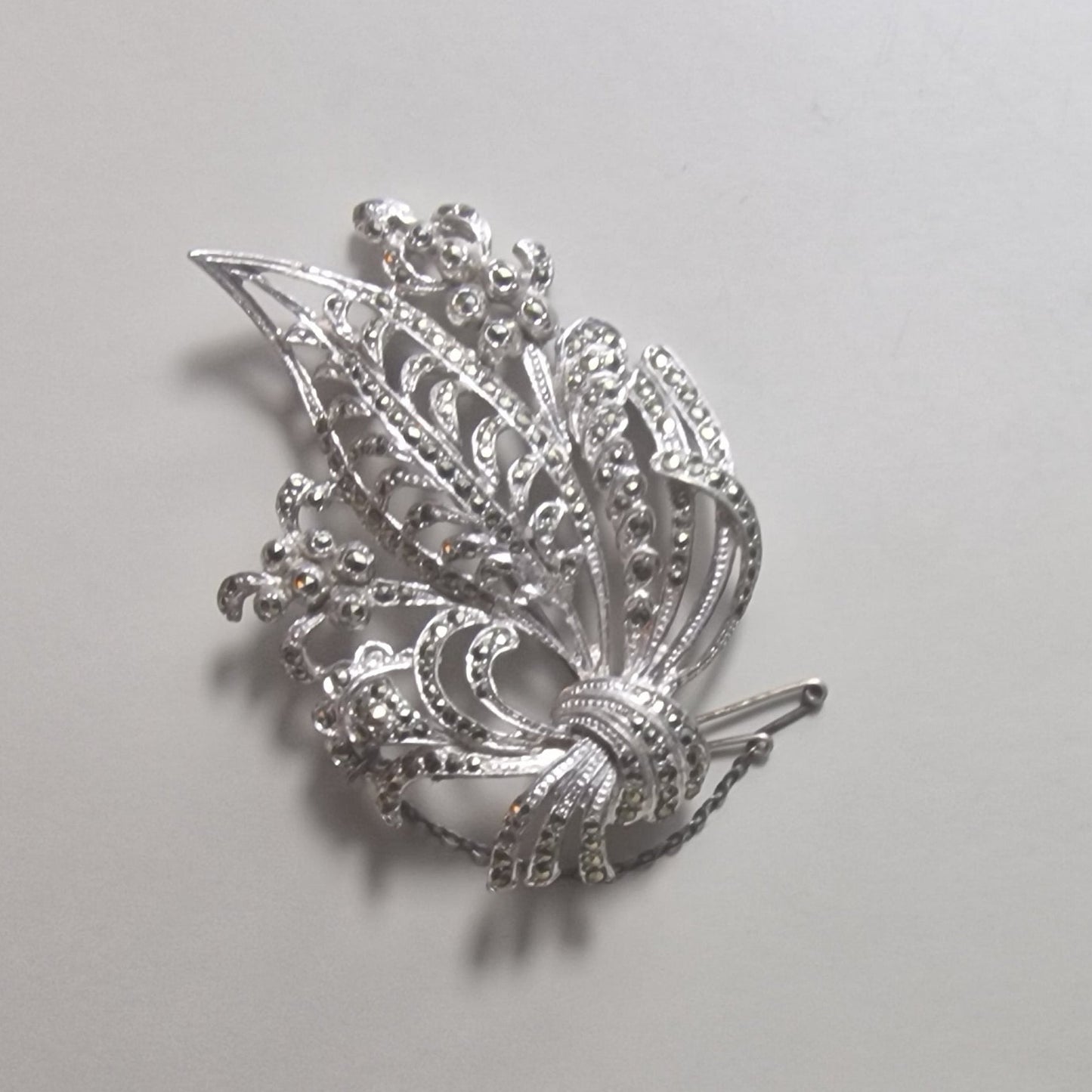 Vintage 1960s Silver-Tone Marcasite Floral Brooch Botanical Costume Jewellery