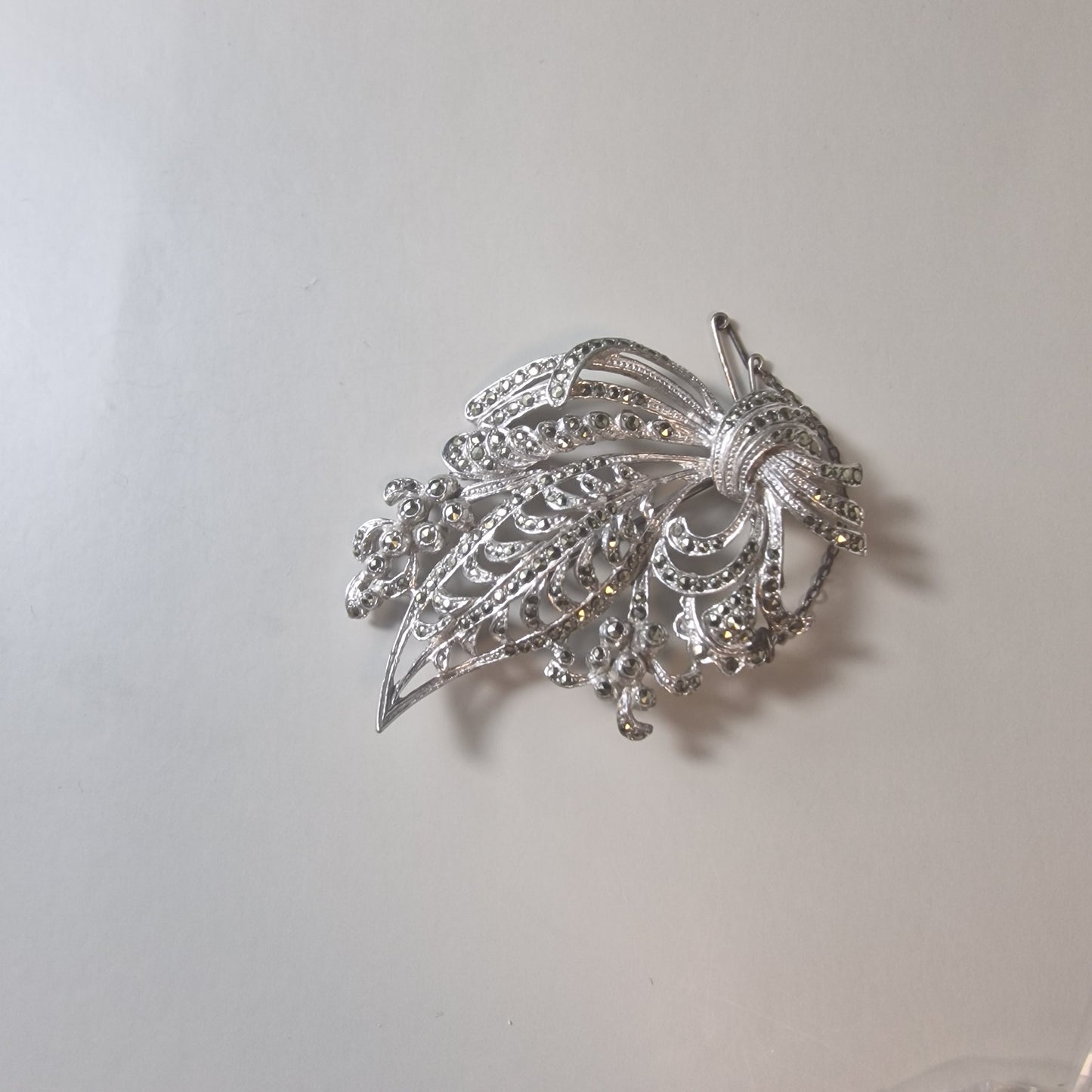 Vintage 1960s Silver-Tone Marcasite Floral Brooch Botanical Costume Jewellery
