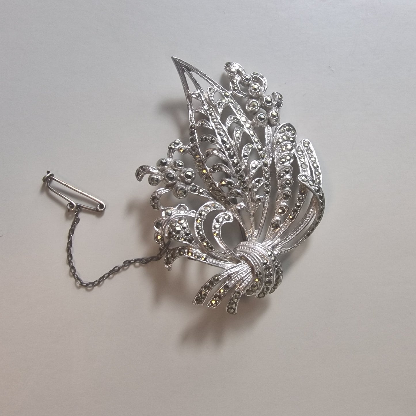 Vintage 1960s Silver-Tone Marcasite Floral Brooch Botanical Costume Jewellery