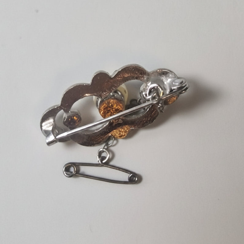 Vintage Silver-Tone Filigree Brooch Geometric Pearl Safety Pin Closure Costume