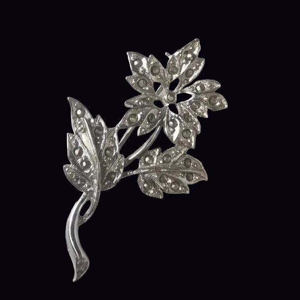 Vintage 1950s Silver-Tone Floral Brooch Marcasite Mid-Century Pin Costume Chic