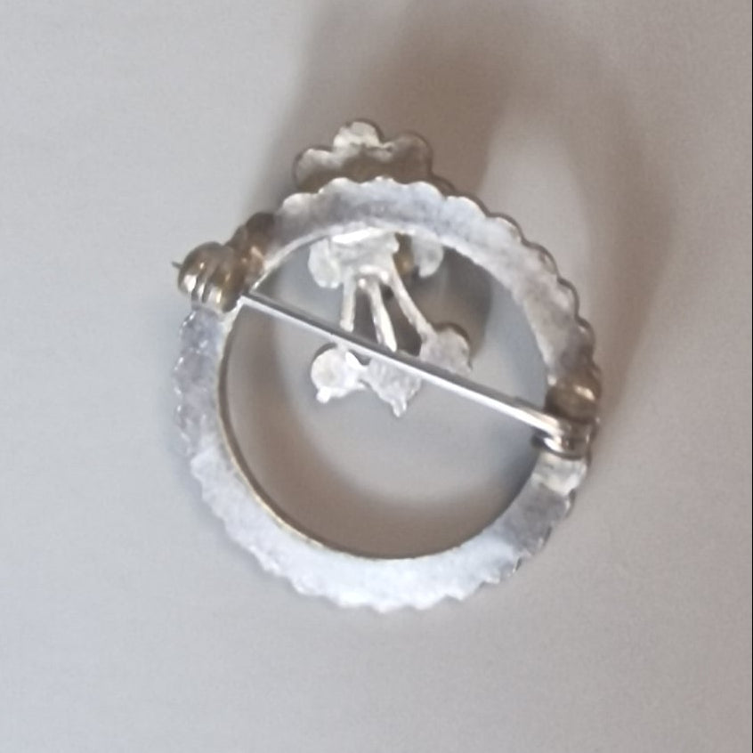 Vintage 1950s Sterling Silver Brooch Rhinestone Faux Pearl Floral Wreath Circle