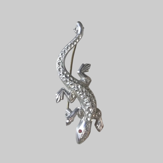 Vintage Silver-Tone Rhinestone Lizard Brooch Animal Pin Figural Costume Jewelry