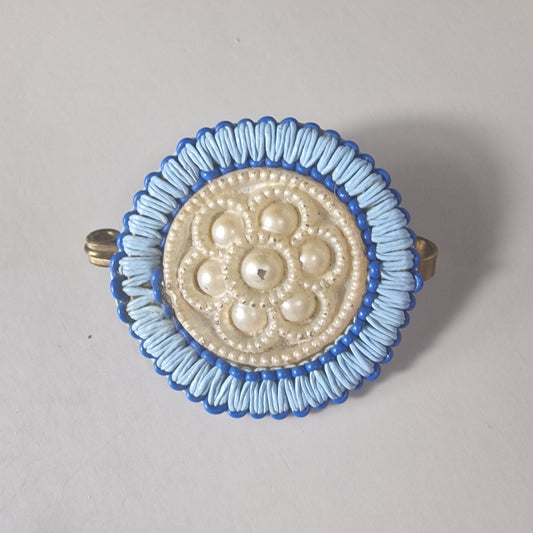 Vintage 1970s Blue Thread Faux Pearl Beaded Brooch Medallion Round Artisan UK