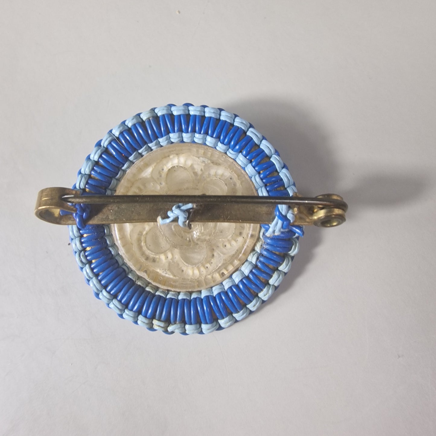 Vintage 1970s Blue Thread Faux Pearl Beaded Brooch Medallion Round Artisan UK