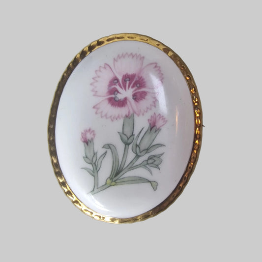 Vintage 1970s Bone China Oval Brooch Pink Carnation Floral Gold-Tone Lapel Pin