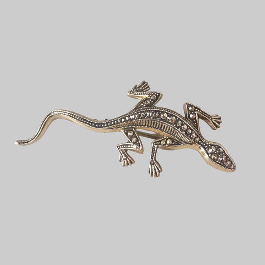 Vintage 1980s Gold-Tone Marcasite Lizard Gecko Brooch Dark Stone Figural Animal