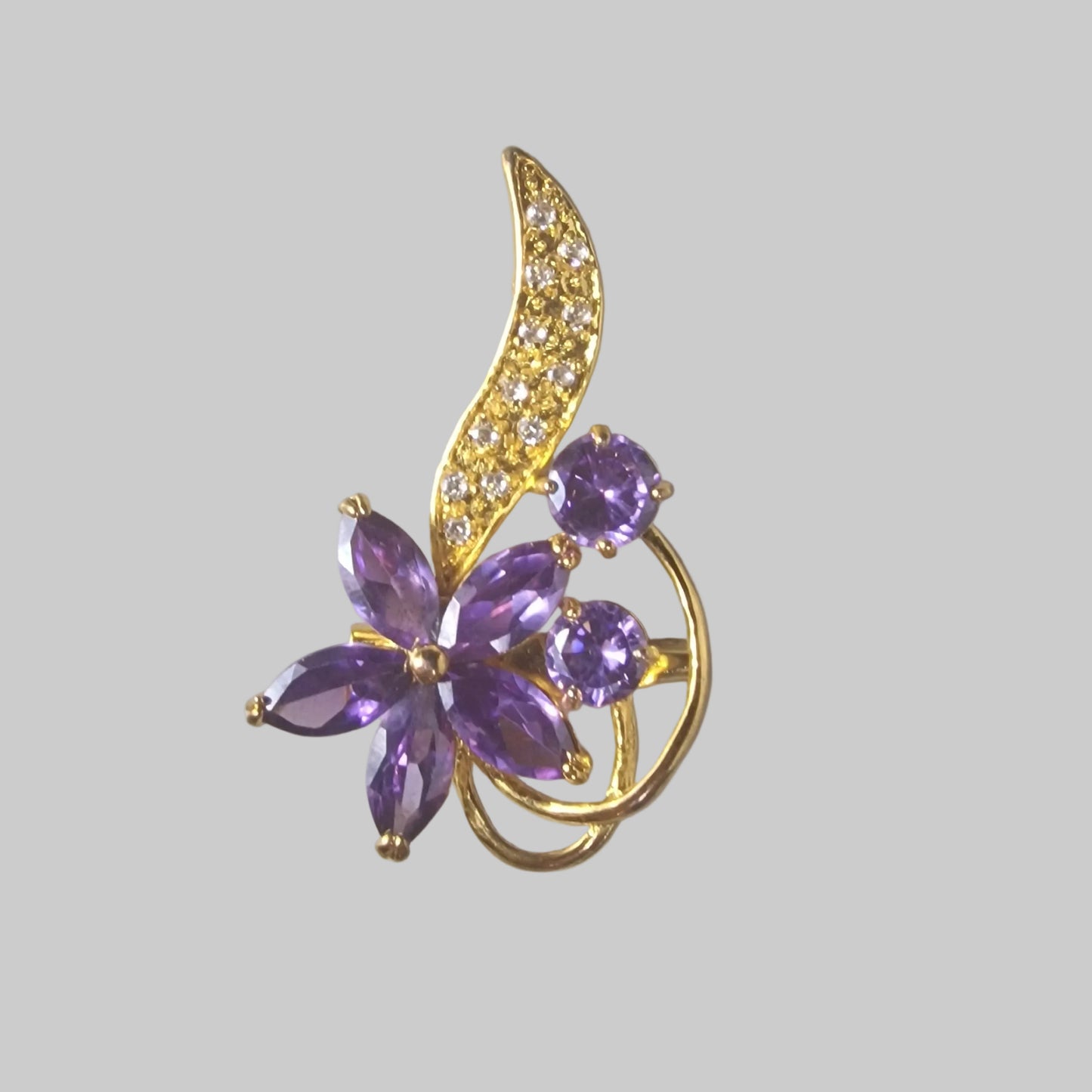 Vintage 1990s Gold-Tone Floral Brooch Purple Violet Marquise Stone Figural UK