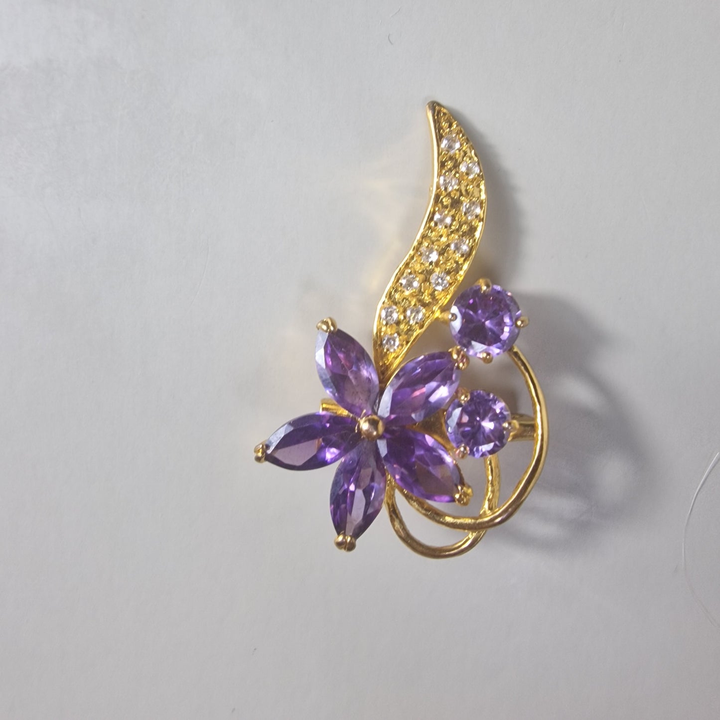 Vintage 1990s Gold-Tone Floral Brooch Purple Violet Marquise Stone Figural UK