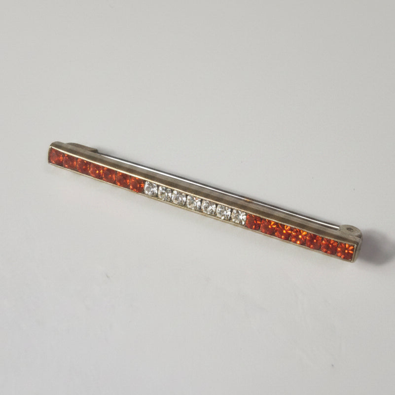 Vintage Gold-Tone Two-Tone Rhinestone Bar Brooch Orange Clear Channel Set Pin