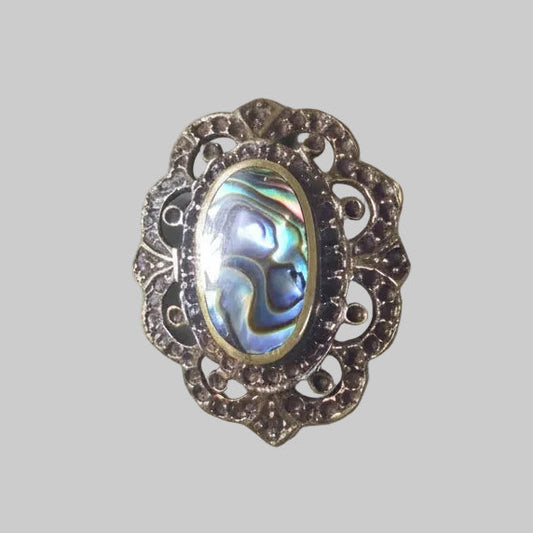 Vintage Bronze-Tone Filigree Oval Brooch Iridescent Abalone Cabochon Victorian