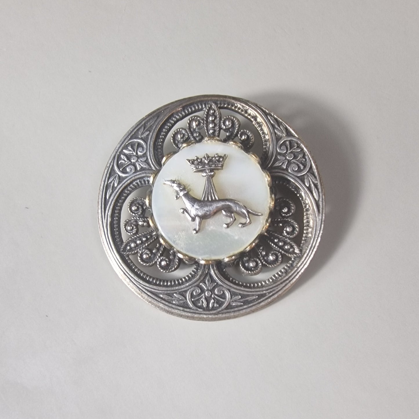 Vintage Silver-Tone Heraldic Brooch Mother Of Pearl Figural Animal Costume Pin