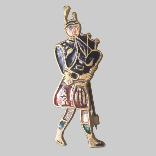 Vintage Gold-Tone Enamel Scottish Bagpiper Brooch Figural Highland Costume Pin