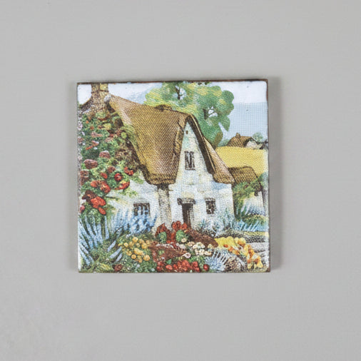Vintage Multi-Color Thatched Cottage Garden Scene Brooch Cottagecore Tile Pin