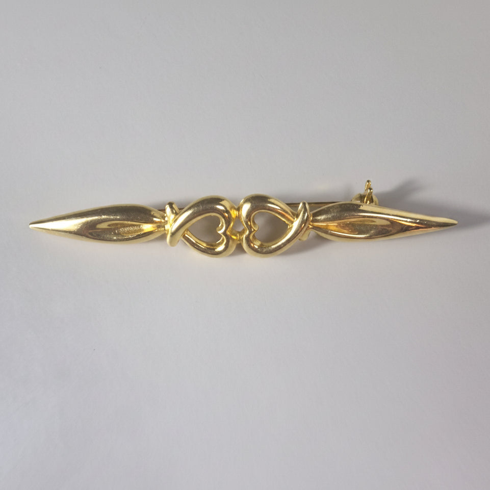 Vintage 1990s Gold-Tone Double Open Heart Bar Brooch Romantic Figural Costume