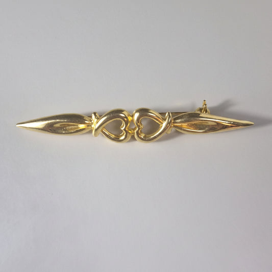 Vintage 1990s Gold-Tone Double Open Heart Bar Brooch Romantic Figural Costume